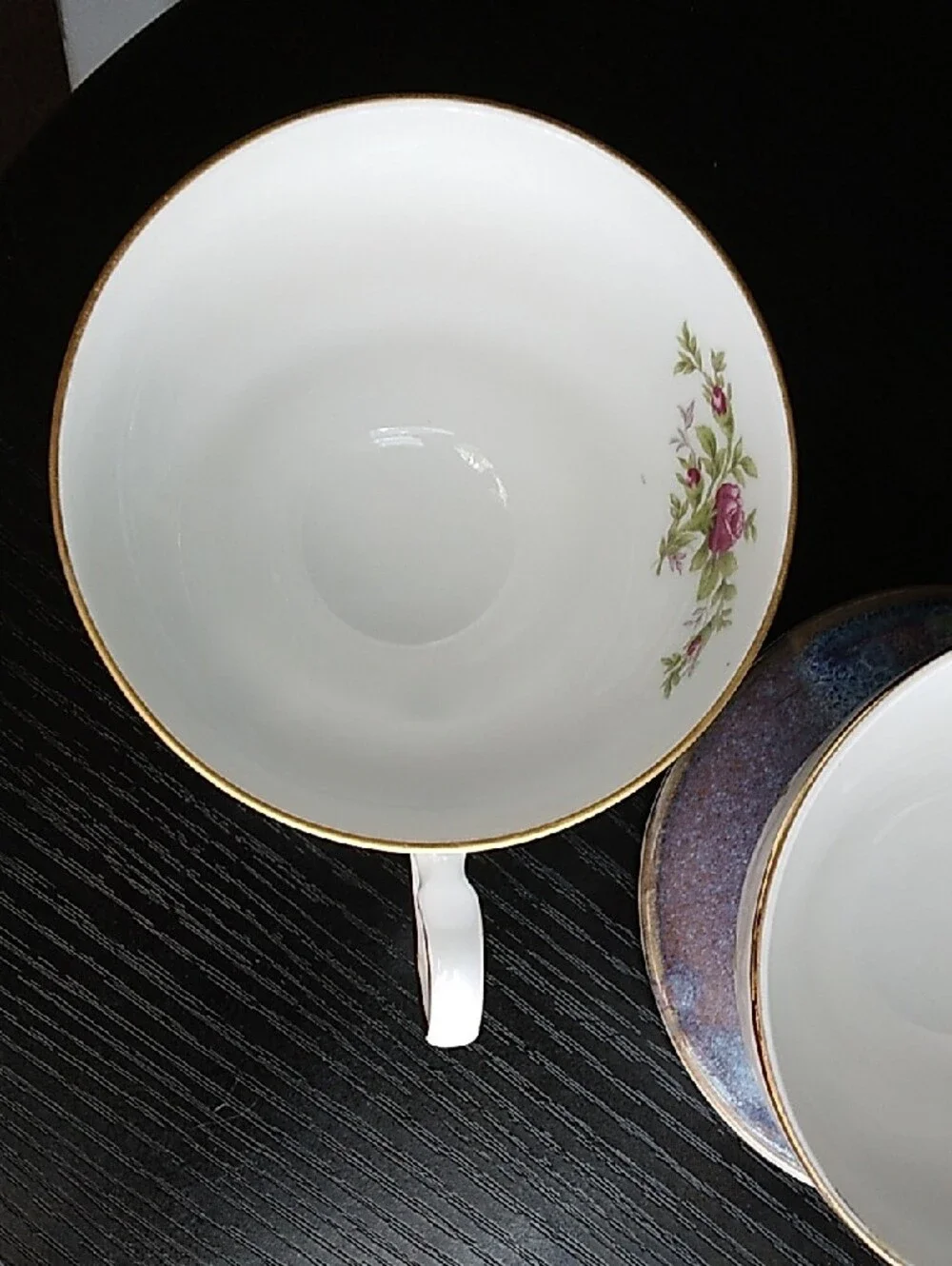 Johann Haviland Vintage White Porcelain Teacups with Pink Rose Motif Gold Trim